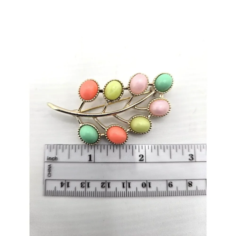 Sarah Coventry Candy Land Brooch Earrings Set Pastel Cabochons Gold Tone